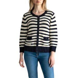 Ann Taylor LOFT Crop Cardigan Sweater Blue Stripe Chunky Knit Zip Up Size L